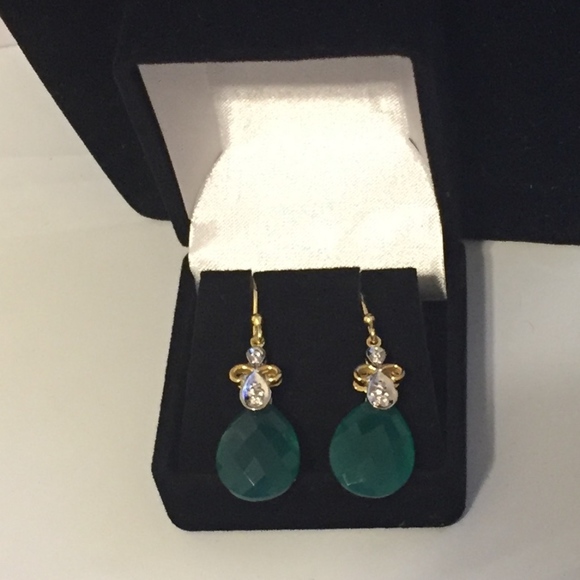 Genuine BEAUTIFUL GREEN ONYX Earrings 18K GOLD/SIL - Picture 2 of 8